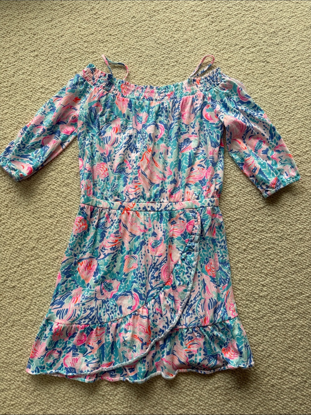 Girls' Lilly Pulitzer Pink & Blue Floral Off-Shoulder Dress